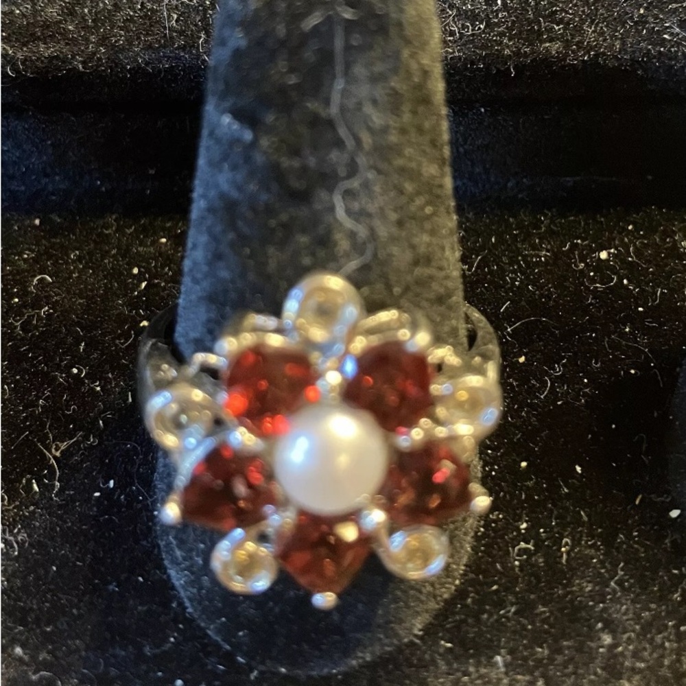 Ross Simons Pearl, Red Garnet, Citrine Flower Ring sz 9 Solid Sterling Silver